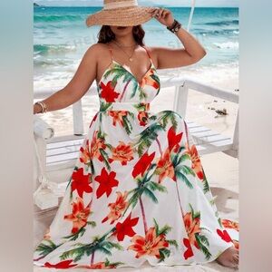 NWOT SHEIN VCAY Plus Size Tropical Print Cami Backless Long Vacation Dress